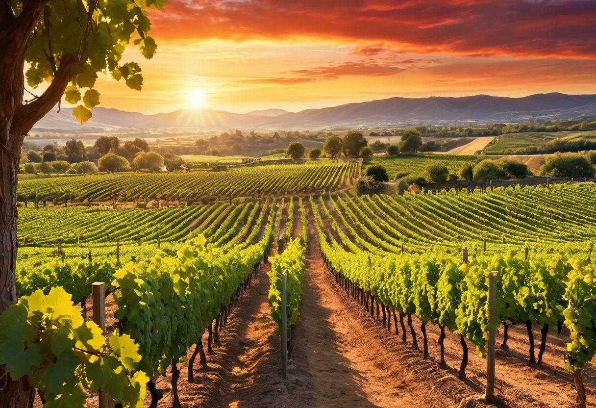 A picturesque vineyard landscape at sunset, with lush grapevines laden with ripe grapes, intertwining with an abstract representation of human figures depicting vitality and relief. Include elements like a glass of red wine in the foreground, softly glowing to symbolize healing, and delicate swirls of light representing soothing energy around the figures. Capture the essence of nature's beauty intertwined with health benefits. vibrant colors. super-realistic. peaceful atmosphere.