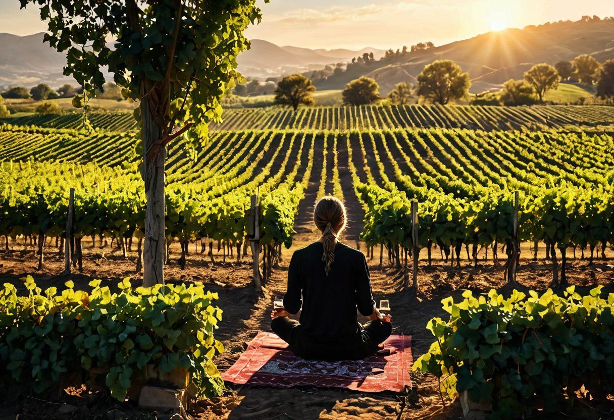 A serene landscape featuring a vineyard at dusk, with rows of grapevines glistening under soft golden light. In the foreground, a person peacefully sipping red wine while surrounded by holistic health elements like herbal remedies and meditation stones. Emphasize the harmony between viniculture and wellness, showcasing grapes and natural remedies intertwined. warm colors, impressionistic style, soft focus.
