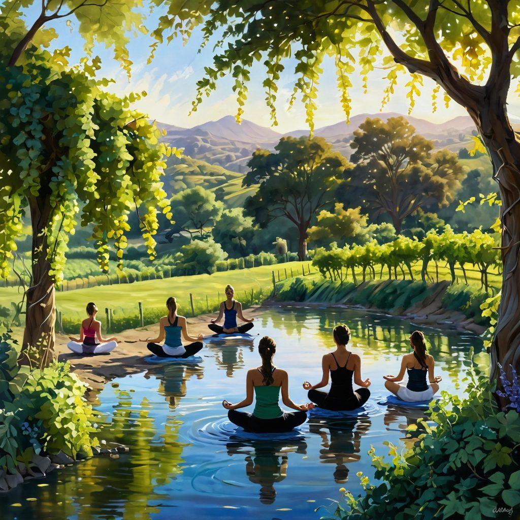 A tranquil scene featuring lush green grapevines heavy with ripe grapes, surrounded by calming elements such as gentle flowing water and soft sunlight filtering through leaves. Include silhouettes of diverse individuals practicing yoga in the vineyard, demonstrating holistic health. Emphasize a sense of harmony and wellness. vibrant colors. natural setting. painting.
